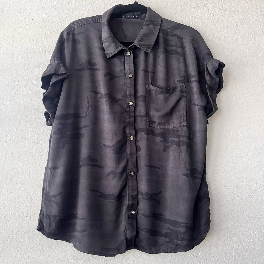 Sanctuary Button Down Shirt Womens Grey Camo Short Sleeve Cuffed Large